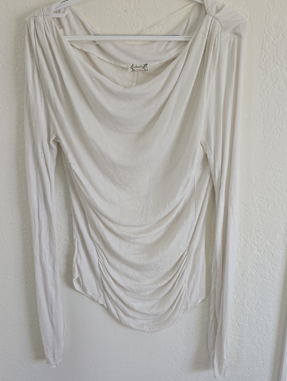 Free People Cream Draped Long Sleeve Tee with Ruched Front